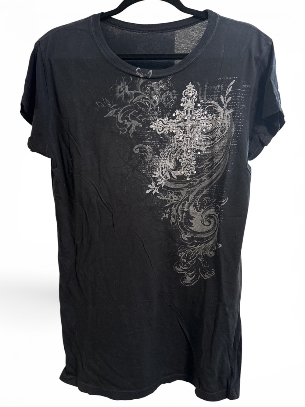 Black Short Sleeve Tee with Silver Cross Graphic Large
